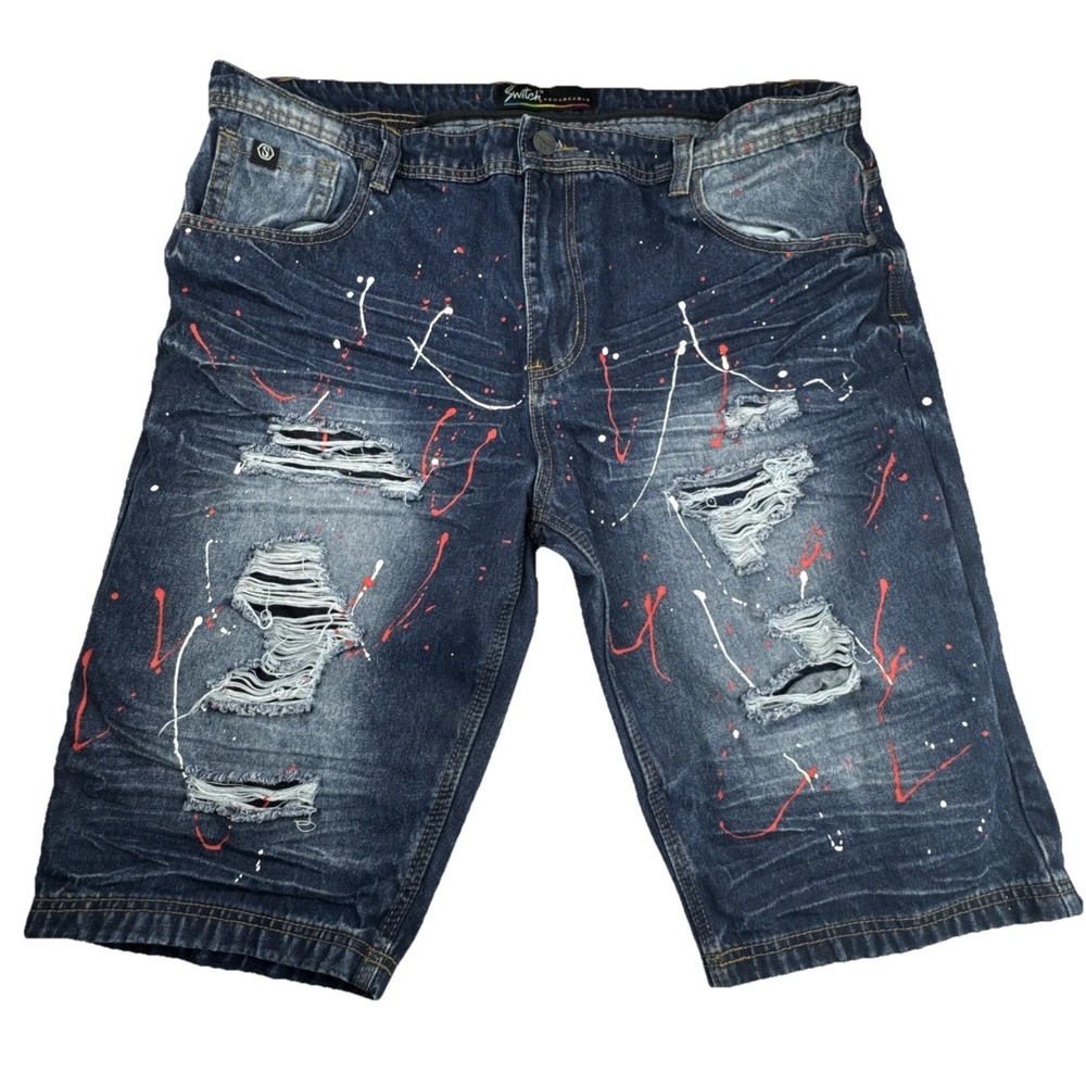 Switch Mens Jean Shorts 42 Cotton Paint Splatter Distressed Streetwear Urban‎